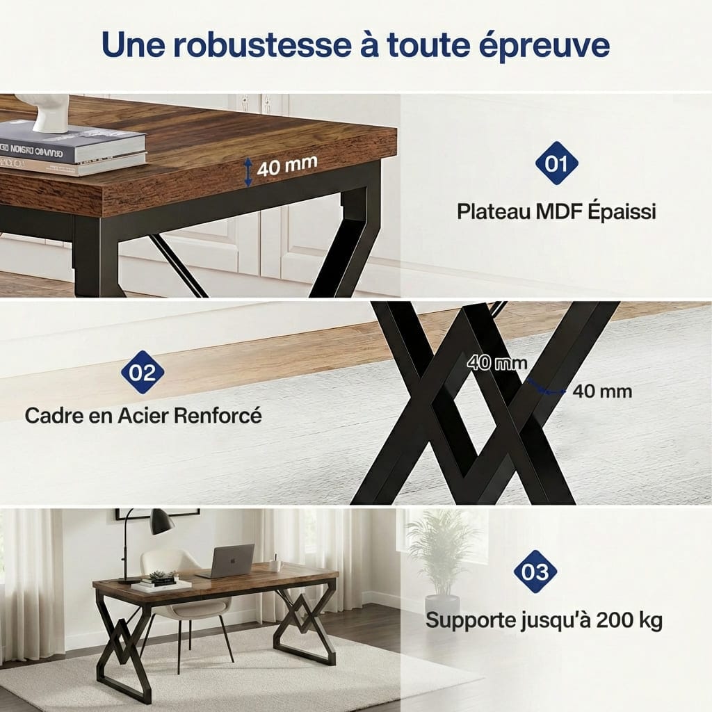 Zoom sur la construction du Bureau Bois Exécutif Style Industriel - 160cm : plateau MDF de 40mm d'épaisseur et cadre en acier noir renforcé.