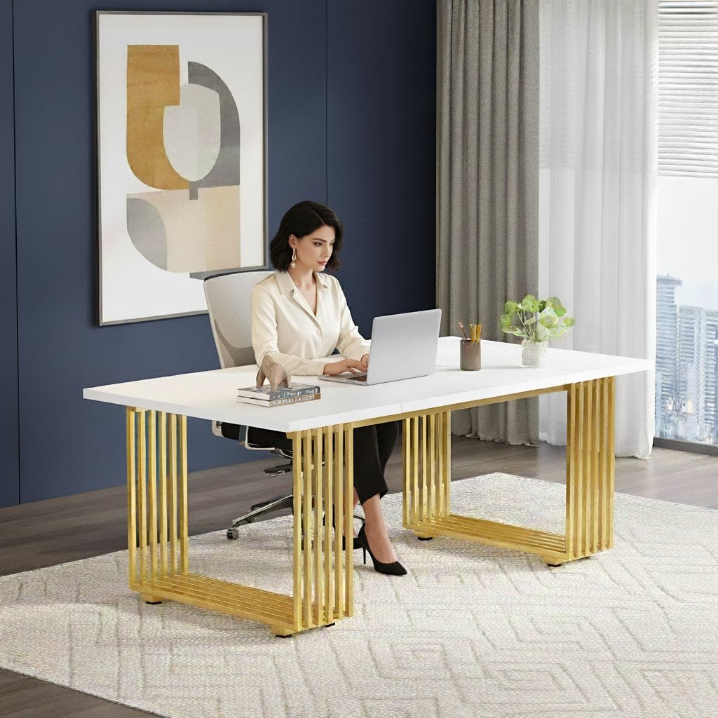 Bureau Bois Moderne 180cm avec Piètement Doré - Station de Travail Exécutive