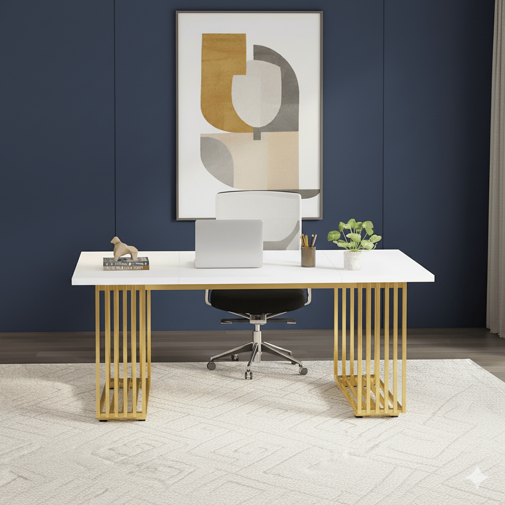 Bureau Bois Moderne 180cm avec Piètement Doré - Station de Travail Exécutive