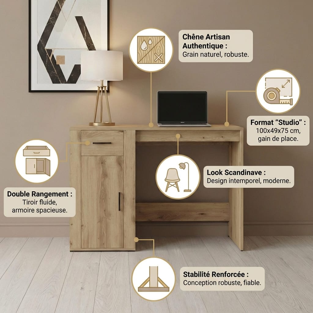 Infographie complète du bureau en bois moderne chêne artisan montrant ses dimensions compactes 100x49x75 cm, son style scandinave et sa stabilité renforcée.