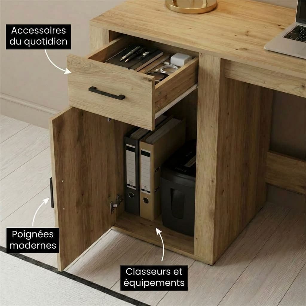 Vue intérieure des rangements du bureau chêne artisan avec tiroir fluide pour accessoires et armoire spacieuse pour classeurs et équipement.