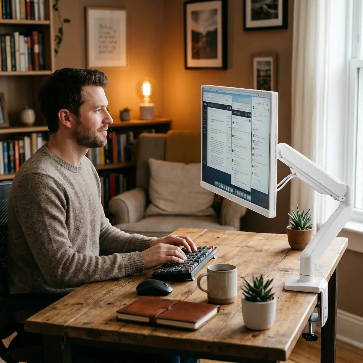 Photo lifestyle d'un espace de travail cosy avec un utilisateur assis confortablement devant son écran fixé sur le bras AeroFlex.