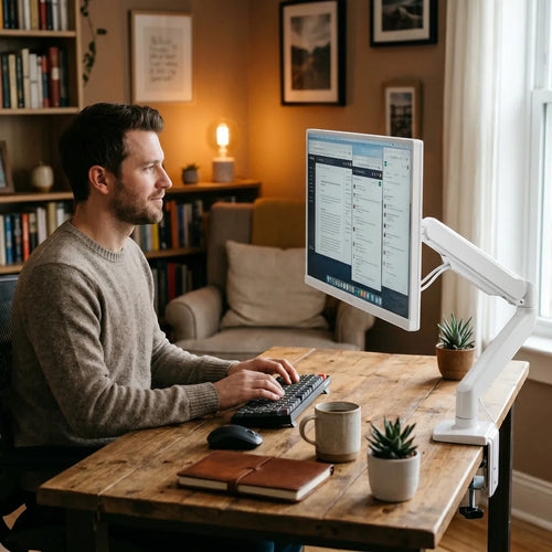 Photo lifestyle d'un espace de travail cosy avec un utilisateur assis confortablement devant son écran fixé sur le bras AeroFlex.