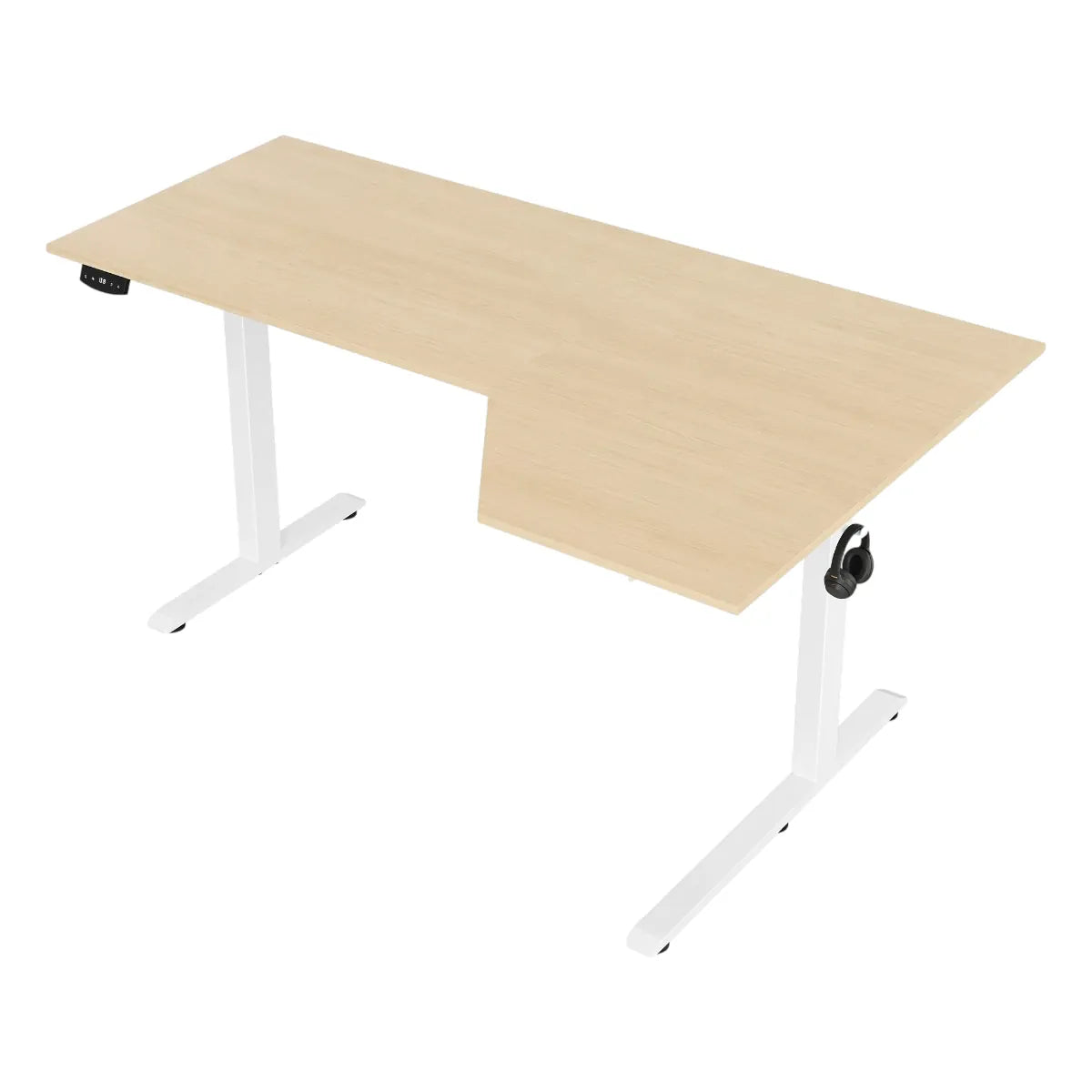 Bureau d'angle assis-debout électrique Kinetik-L avec plateau effet chêne clair et piètement blanc vide sur fond blanc.