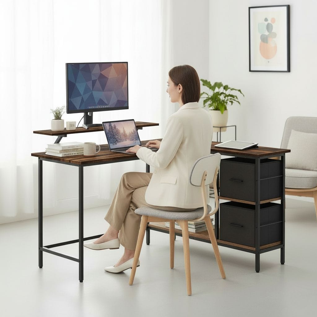 Bureau d'Angle avec Rangements et Support Écran Ergonomique - Configuration en L Réversible