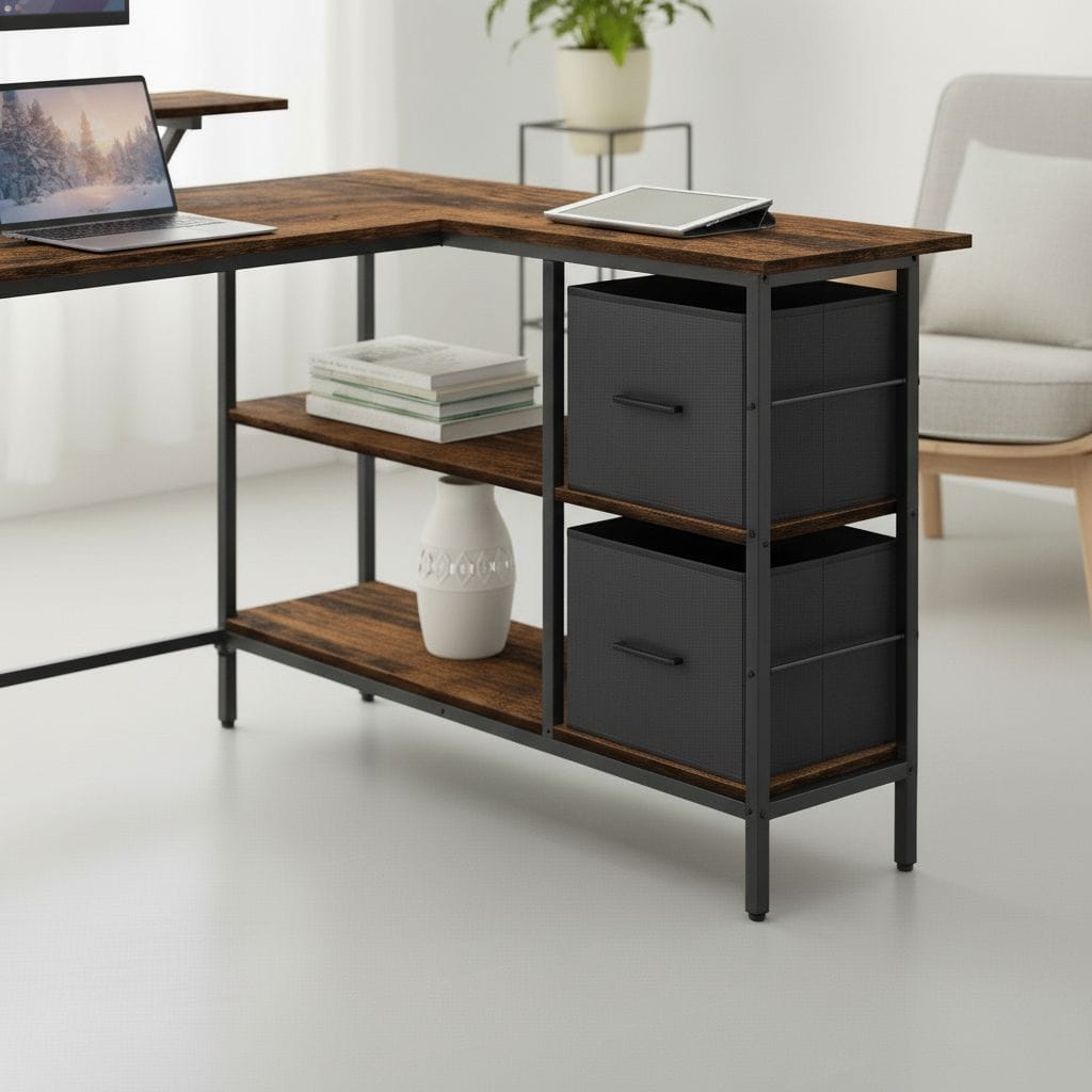 Bureau d'Angle avec Rangements et Support Écran Ergonomique - Configuration en L Réversible
