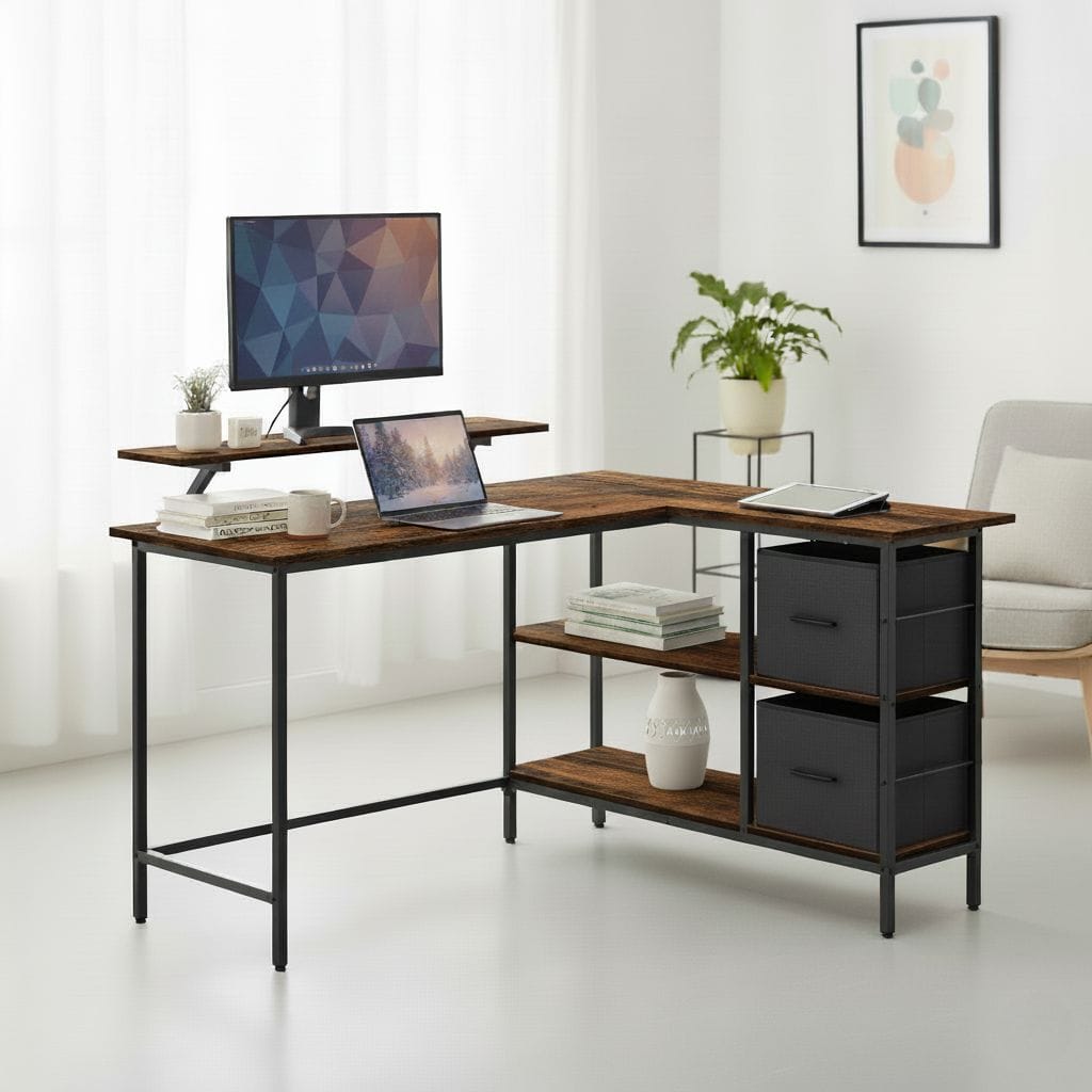 Bureau d'Angle avec Rangements et Support Écran Ergonomique - Configuration en L Réversible