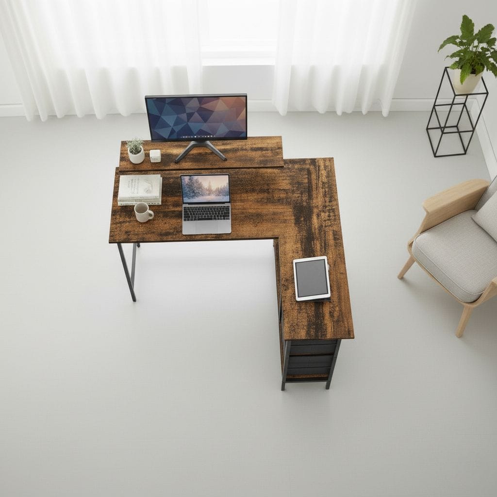 Bureau d'Angle avec Rangements et Support Écran Ergonomique - Configuration en L Réversible