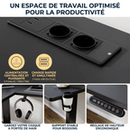 Gros plan sur le hub d'alimentation intégré, le support de casque et le porte-gobelet du bureau d'angle Kova Pro.