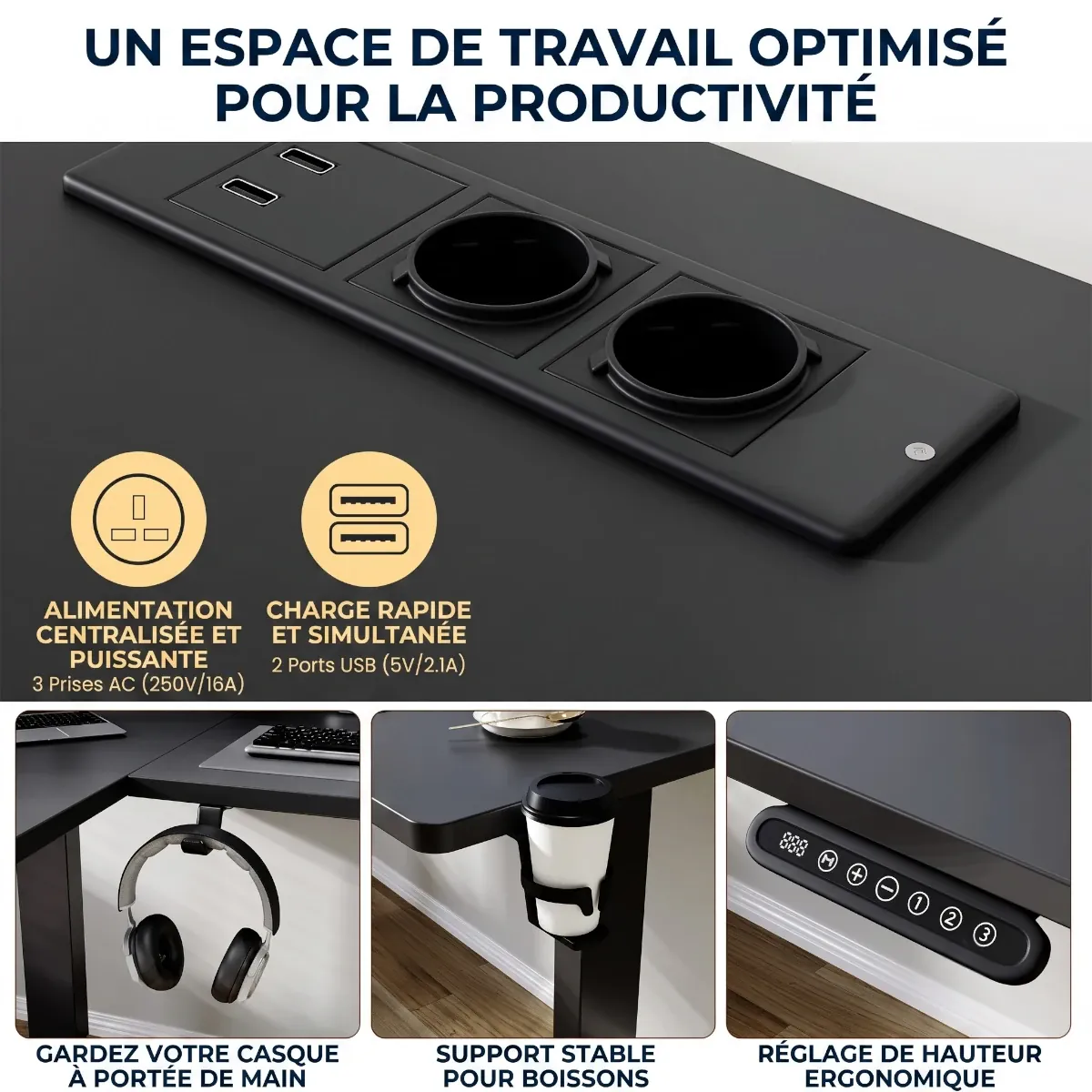 Gros plan sur le hub d'alimentation intégré, le support de casque et le porte-gobelet du bureau d'angle Kova Pro.