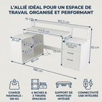 Schéma technique et dimensions précises en cm du bureau d'angle avec rangements Sector.