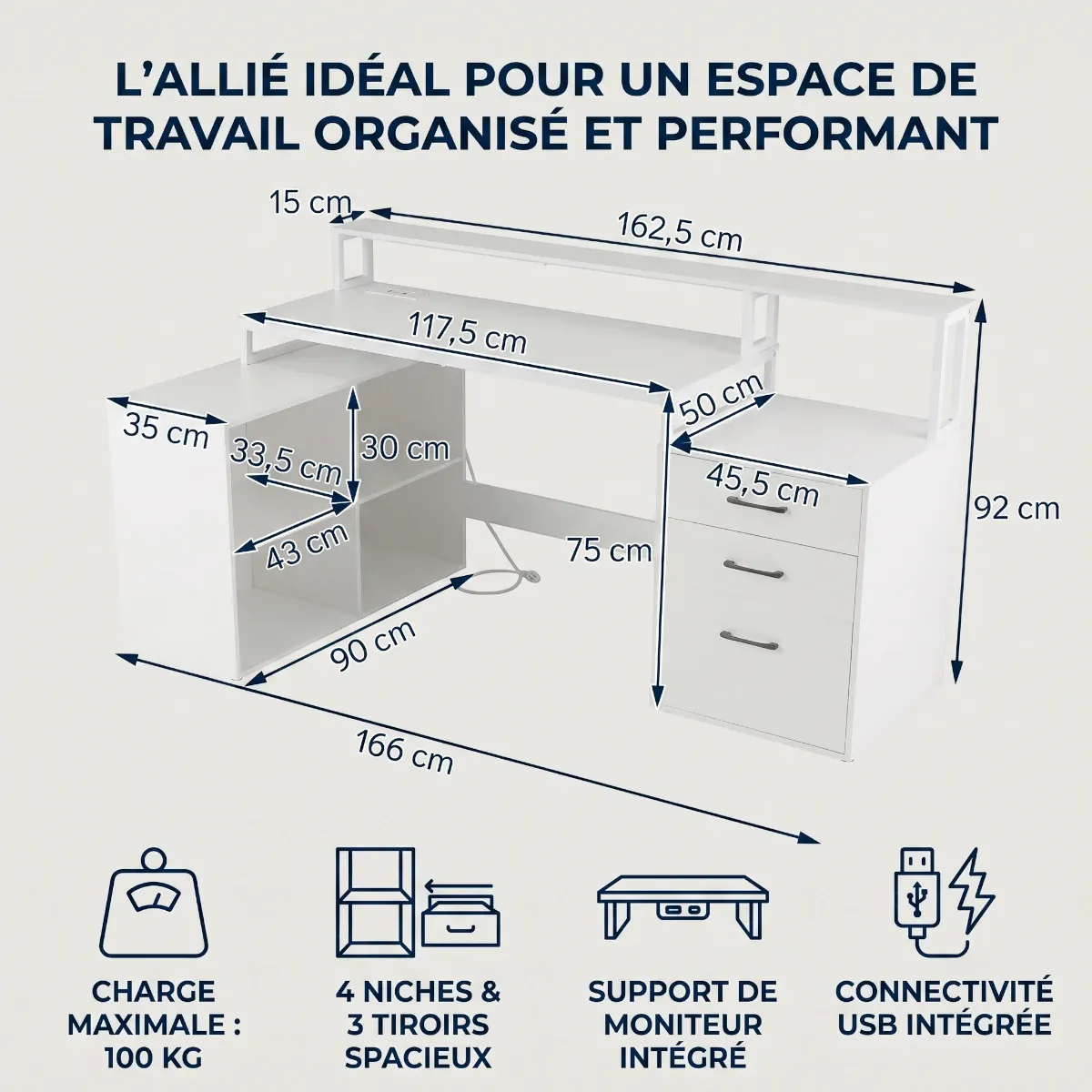 Schéma technique et dimensions précises en cm du bureau d'angle avec rangements Sector.