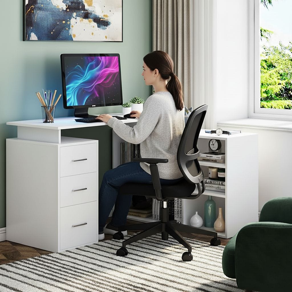 Bureau d'Angle Blanc avec Rangements - Configuration en L pour Télétravail et Home Office