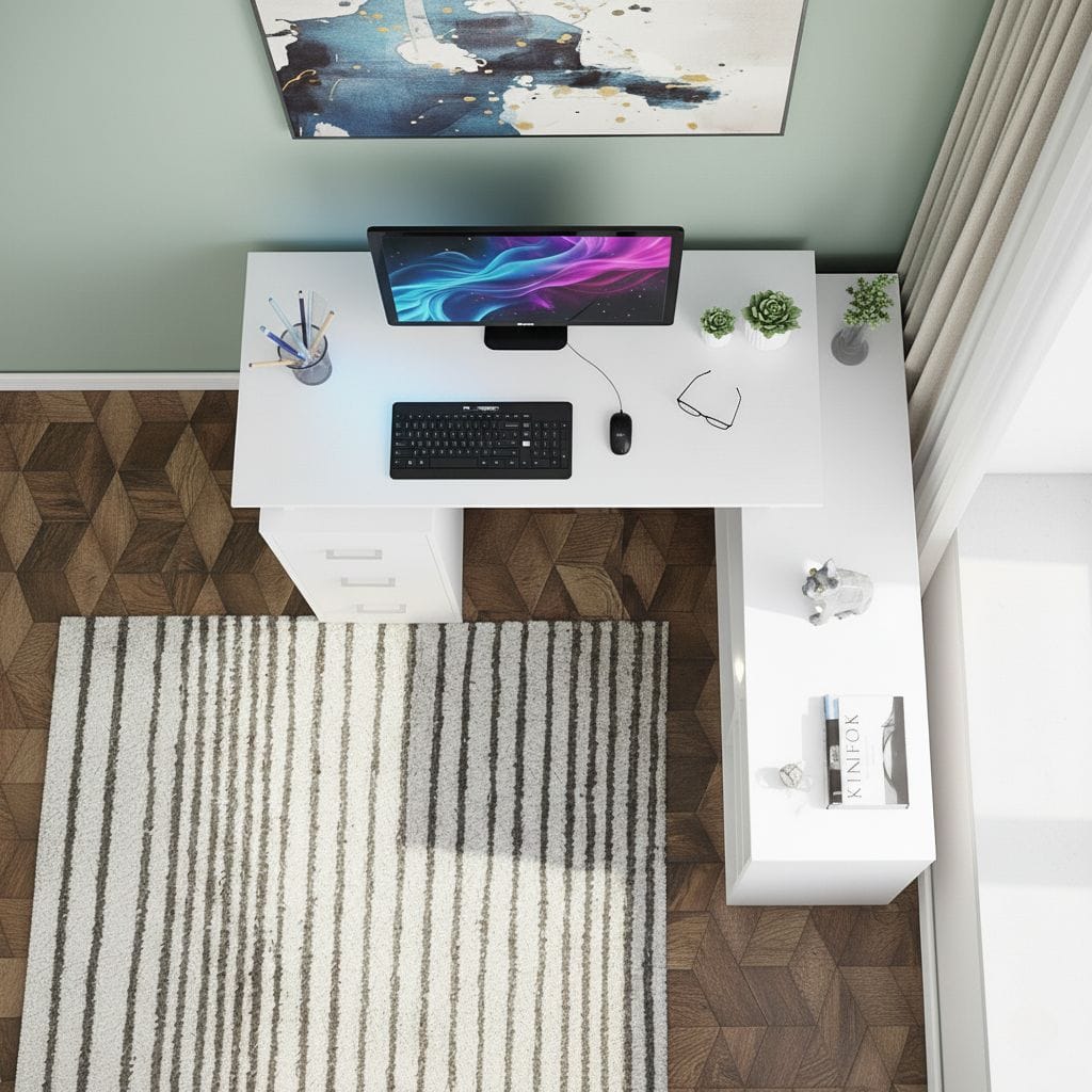 Bureau d'Angle Blanc avec Rangements - Configuration en L pour Télétravail et Home Office