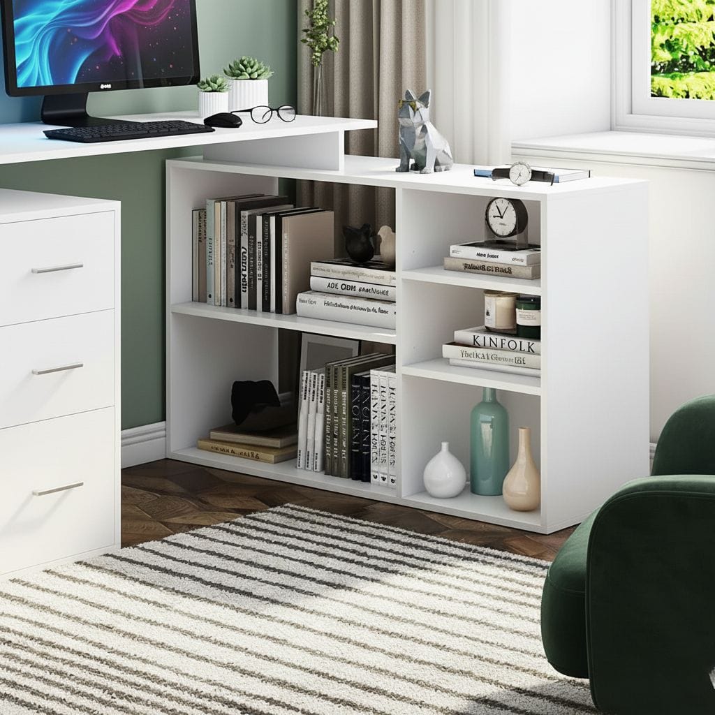 Bureau d'Angle Blanc avec Rangements - Configuration en L pour Télétravail et Home Office