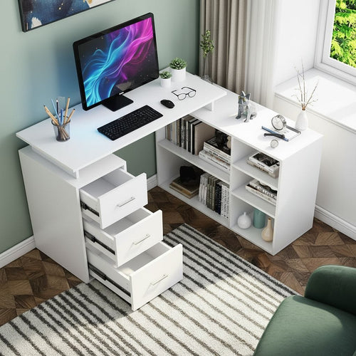 Bureau d'Angle Blanc avec Rangements - Configuration en L pour Télétravail et Home Office