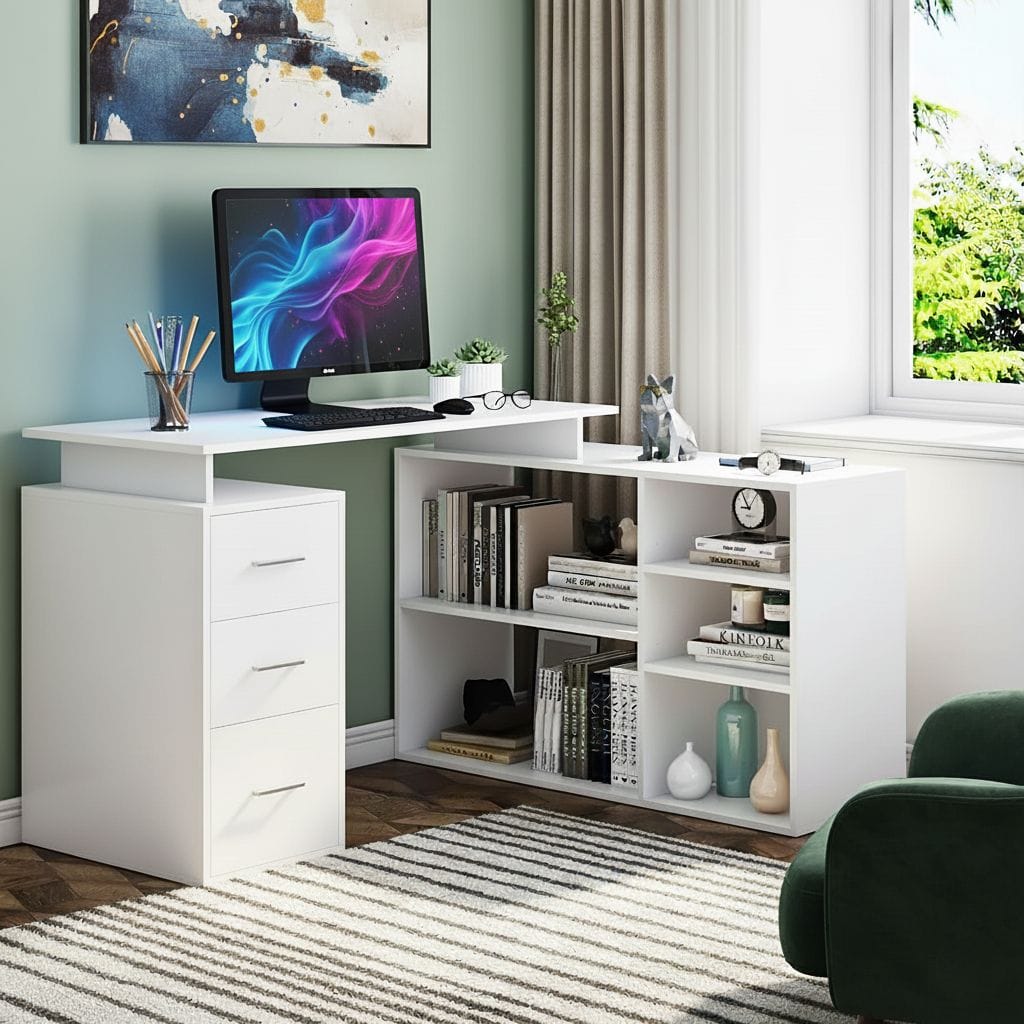 Bureau d'Angle Blanc avec Rangements - Configuration en L pour Télétravail et Home Office