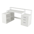 Bureau d'angle blanc Sector avec rangements et support moniteur double écran sur fond blanc.