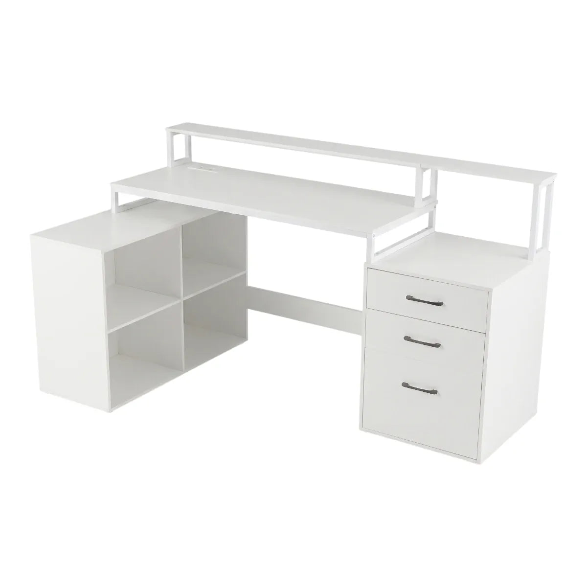 Bureau d'angle blanc Sector avec rangements et support moniteur double écran sur fond blanc.
