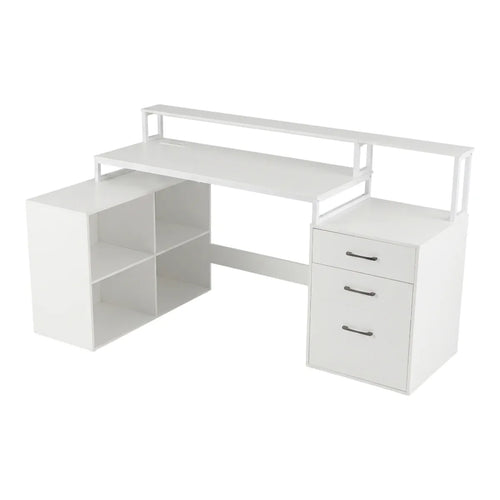 Bureau d'angle blanc Sector avec rangements et support moniteur double écran sur fond blanc.