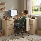 Femme travaillant confortablement sur le bureau d'angle en bois Nook dans un intérieur chaleureux et cosy