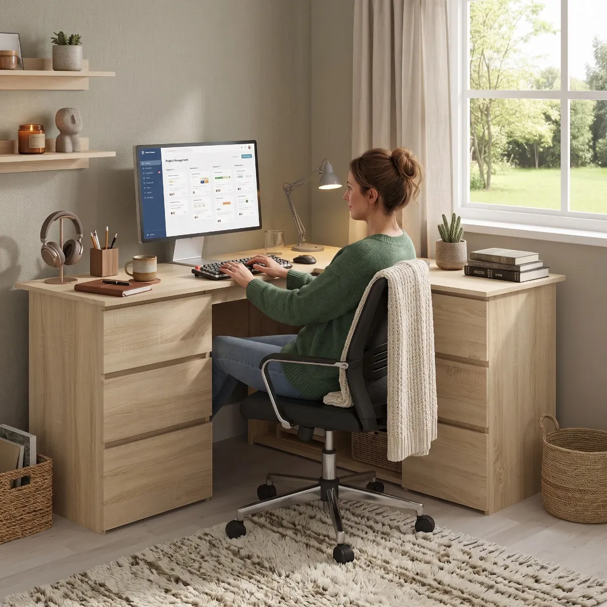 Femme travaillant confortablement sur le bureau d'angle en bois Nook dans un intérieur chaleureux et cosy