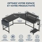 Schéma technique complet indiquant toutes les dimensions en centimètres du bureau d'angle Centrix et ses pictogrammes de fonctionnalités.