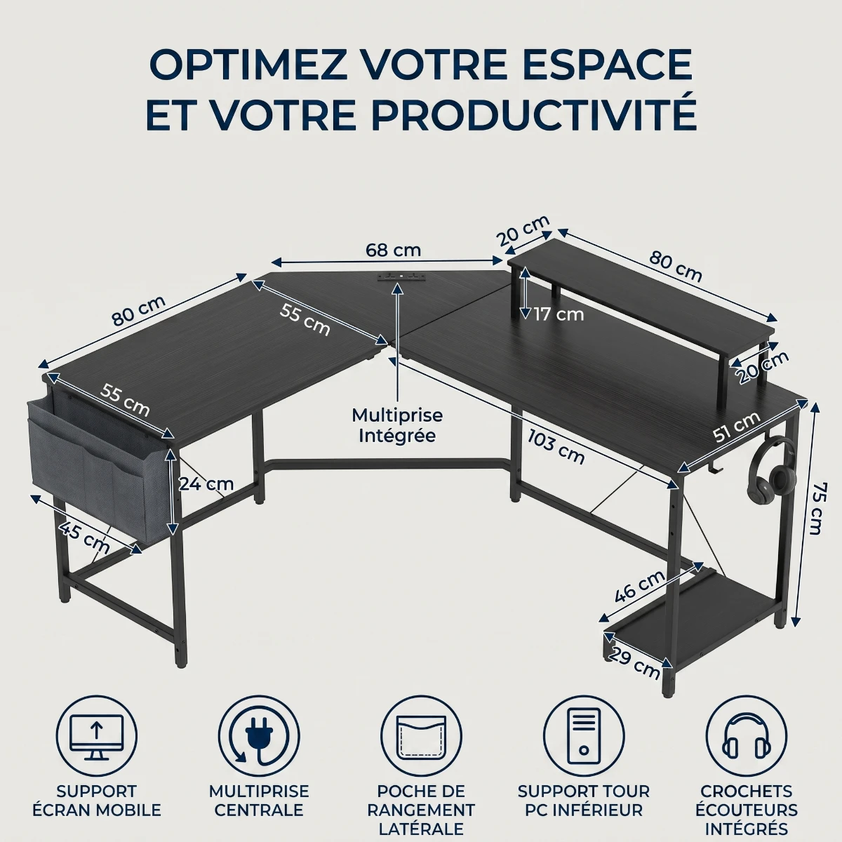 Schéma technique complet indiquant toutes les dimensions en centimètres du bureau d'angle Centrix et ses pictogrammes de fonctionnalités.