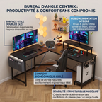 Infographie du bureau d'angle Centrix mettant en avant la surface utile doublée, le confort biomécanique et le hub d'alimentation intégré.