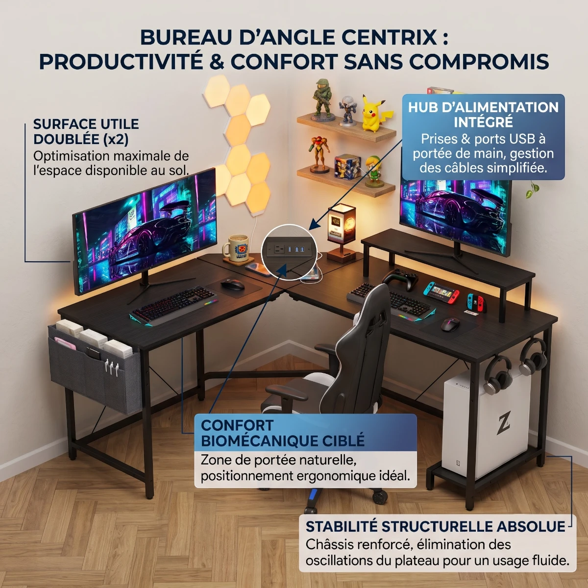 Infographie du bureau d'angle Centrix mettant en avant la surface utile doublée, le confort biomécanique et le hub d'alimentation intégré.