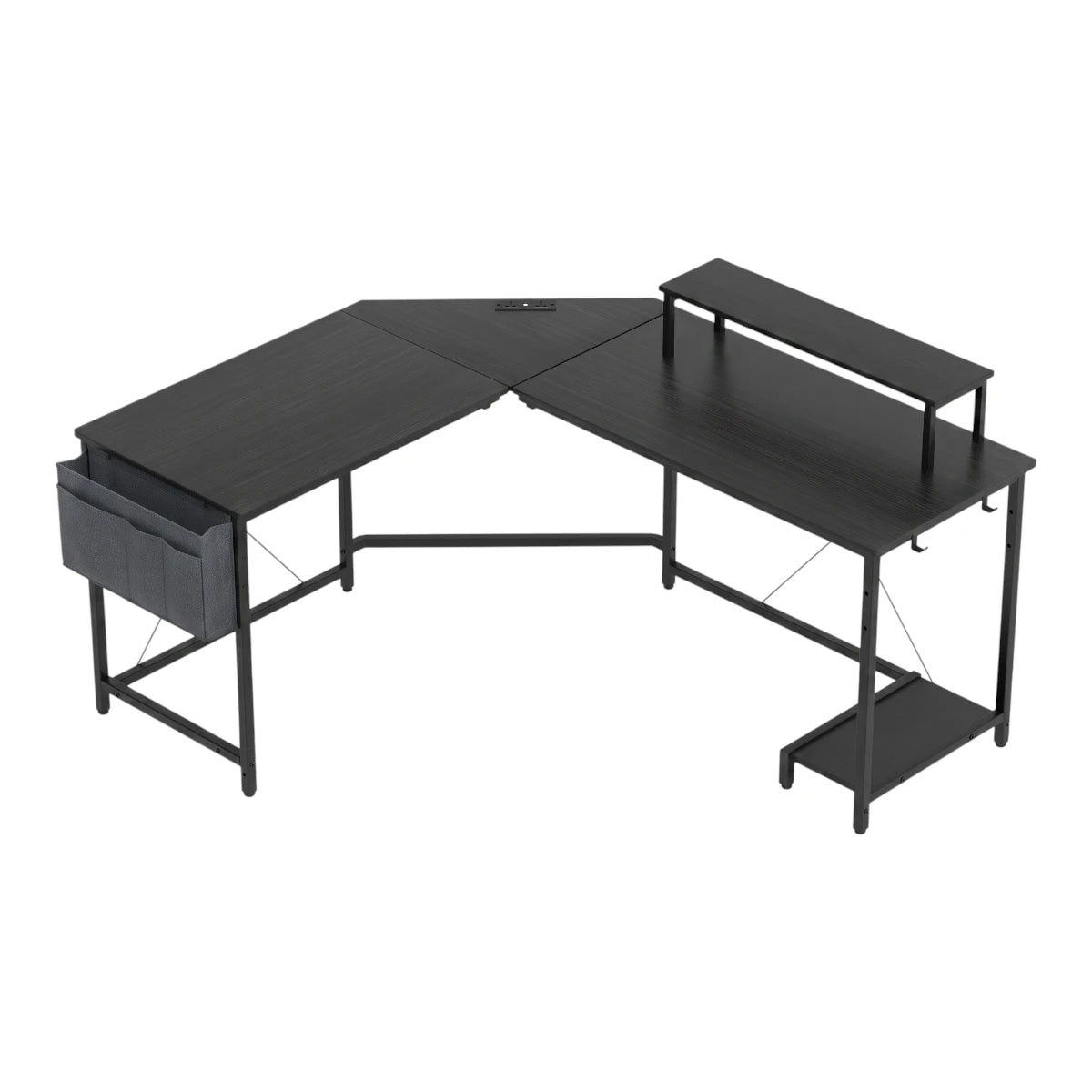 Bureau d'angle Centrix en forme de L noir mat avec son rehausseur d'écran et son support d'unité centrale sur fond blanc épuré.