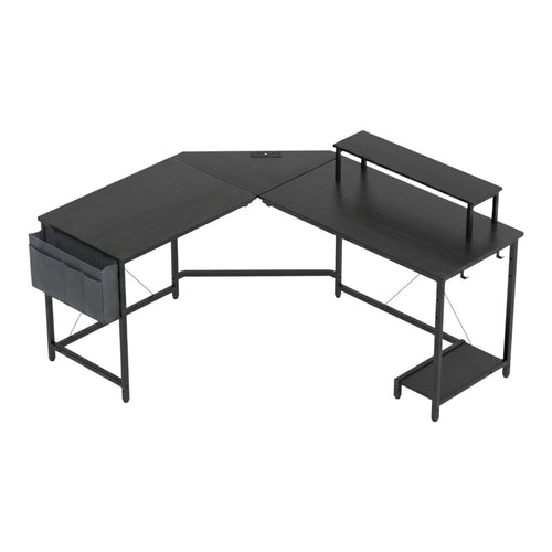 Bureau d'angle Centrix en forme de L noir mat avec son rehausseur d'écran et son support d'unité centrale sur fond blanc épuré.