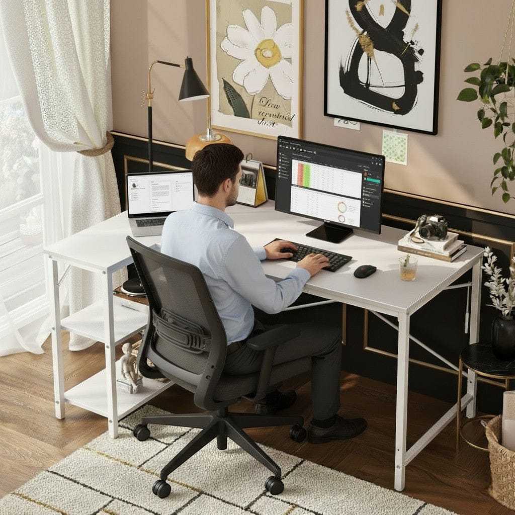 Bureau d'Angle en L 120 cm avec Étagères de Rangement Intégrées - Station de Travail Moderne 120cm pour Home Office