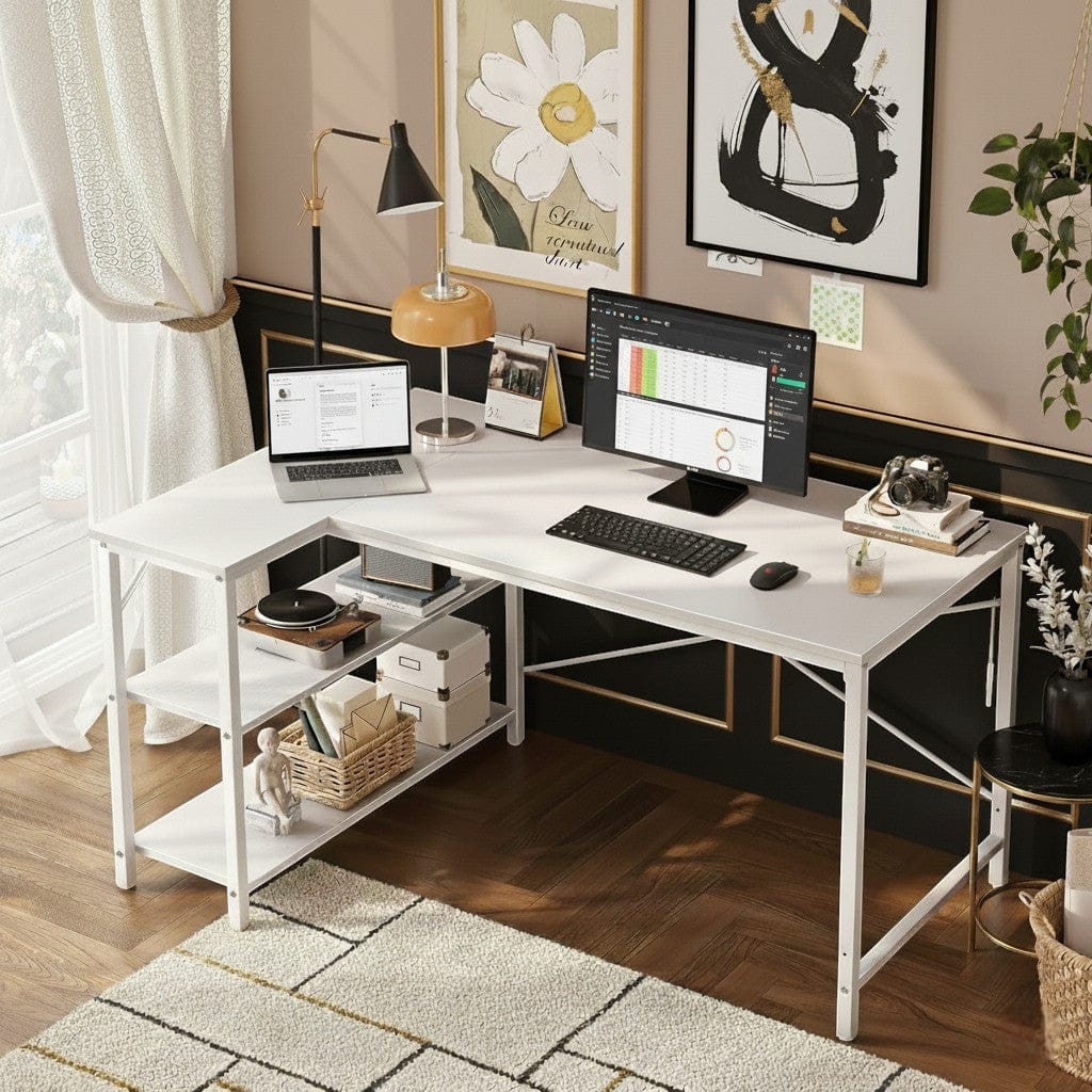 Bureau d'Angle en L 120 cm avec Étagères de Rangement Intégrées - Station de Travail Moderne 120cm pour Home Office