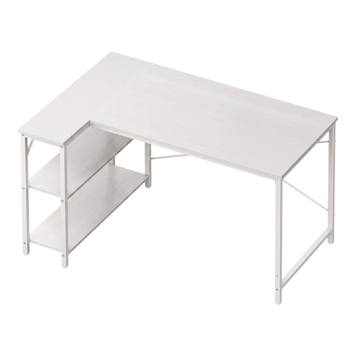 Vue de trois quarts du Bureau d'Angle en L 120 cm avec Étagères de Rangement Intégrées. Station de travail moderne pour Home Office avec finition bois blanc et cadre en métal, montrant deux étagères ouvertes sur le côté.