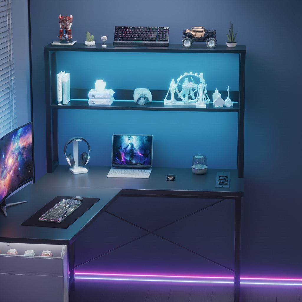 Bureau d'Angle en L 148 cm avec Éclairage LED RGB et Rangements Intégrés