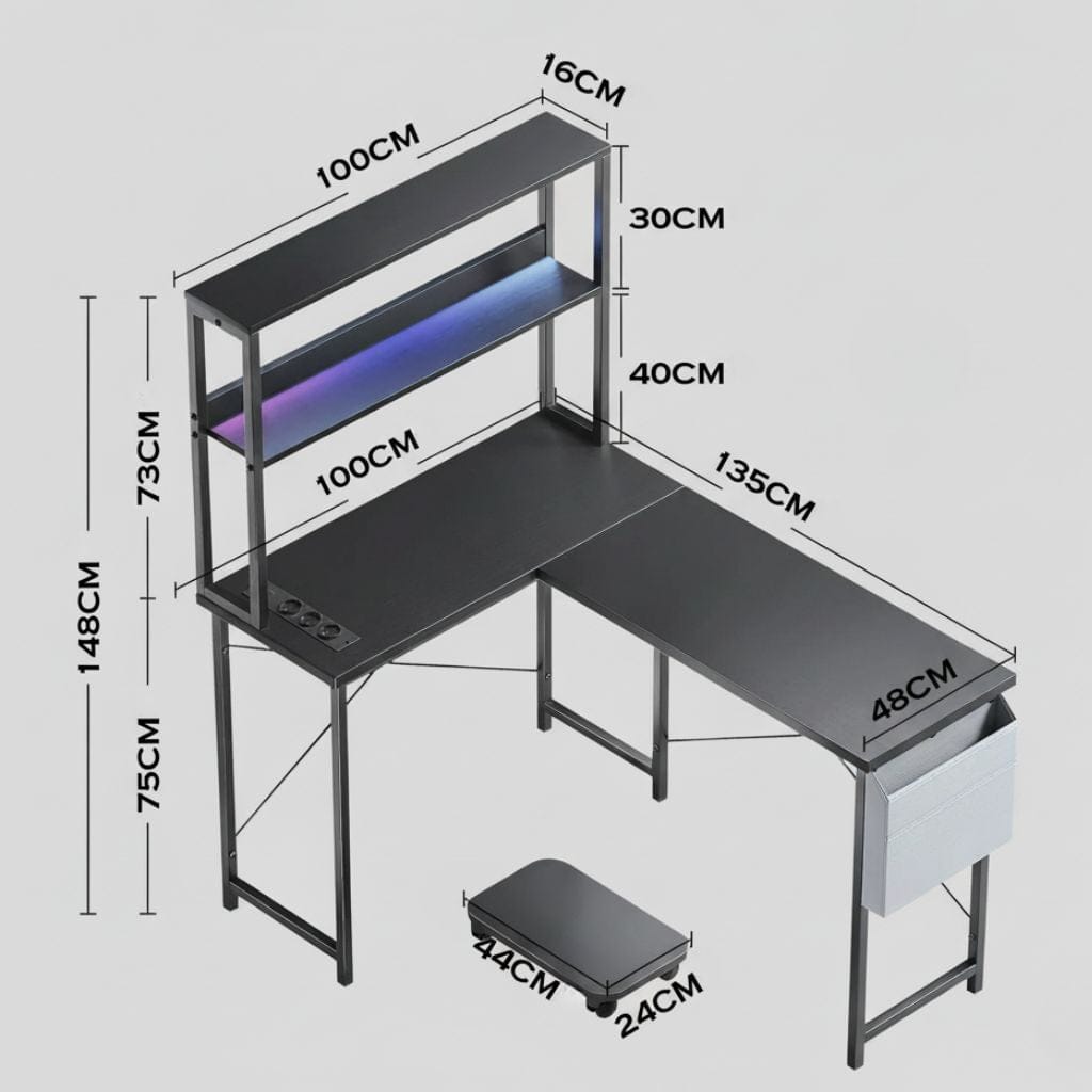 Bureau d'Angle en L 148 cm avec Éclairage LED RGB et Rangements Intégrés