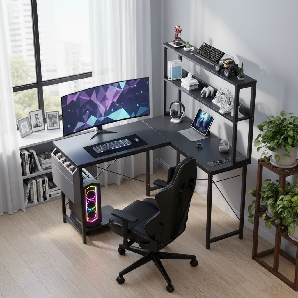 Bureau d'Angle en L 148 cm avec Éclairage LED RGB et Rangements Intégrés