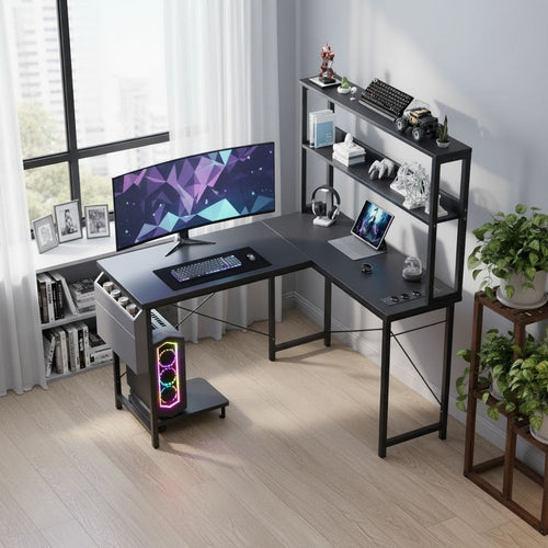 Bureau d'Angle en L 148 cm avec Éclairage LED RGB et Rangements Intégrés