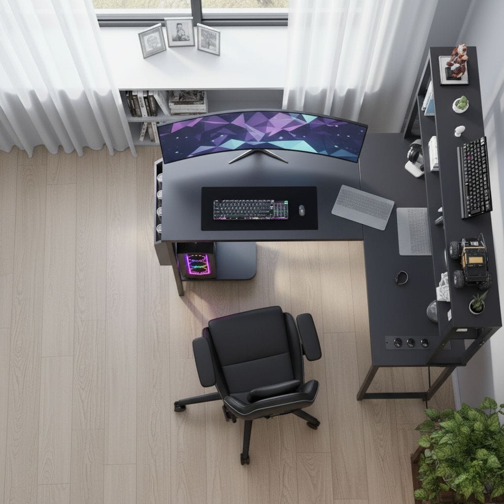 Bureau d'Angle en L 148 cm avec Éclairage LED RGB et Rangements Intégrés