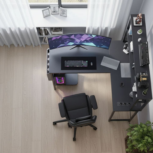 Bureau d'Angle en L 148 cm avec Éclairage LED RGB et Rangements Intégrés