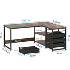 Bureau d'Angle en L 150 cm avec Rangements et Tiroirs Intégrés