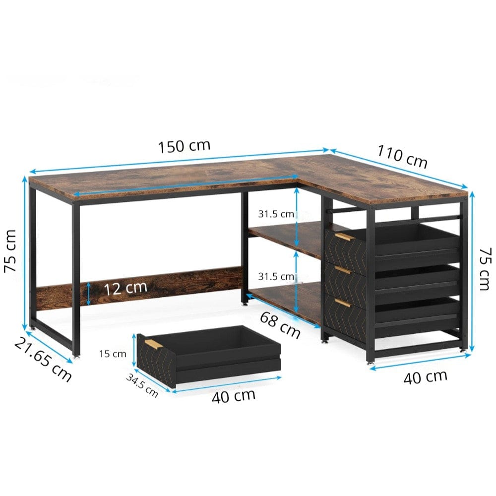Bureau d'Angle en L 150 cm avec Rangements et Tiroirs Intégrés