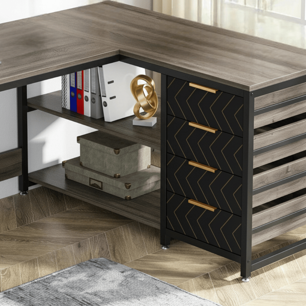 Bureau d'Angle en L 150 cm avec Rangements et Tiroirs Intégrés