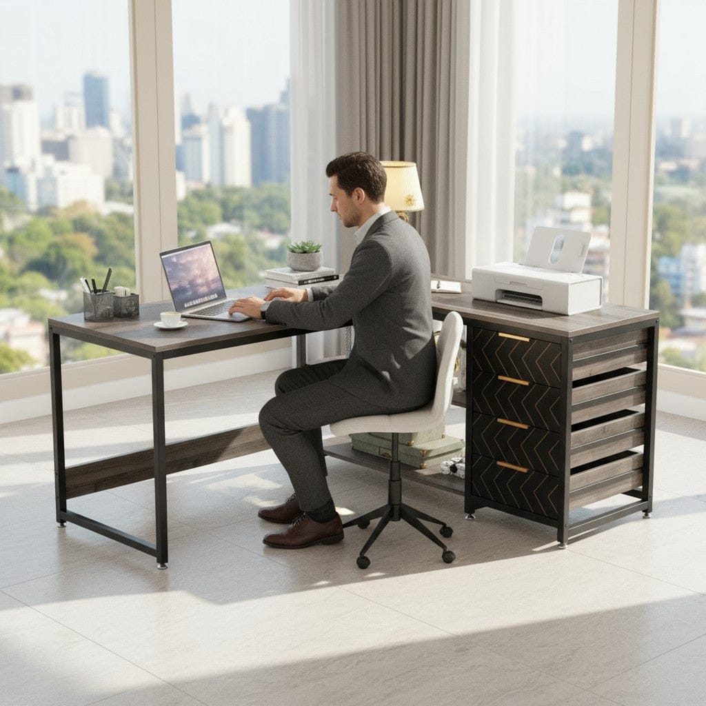 Bureau d'Angle en L 150 cm avec Rangements et Tiroirs Intégrés