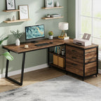 Bureau d'Angle en L avec 3 Tiroirs et Étagères - Station de Travail Industrielle 135 cm