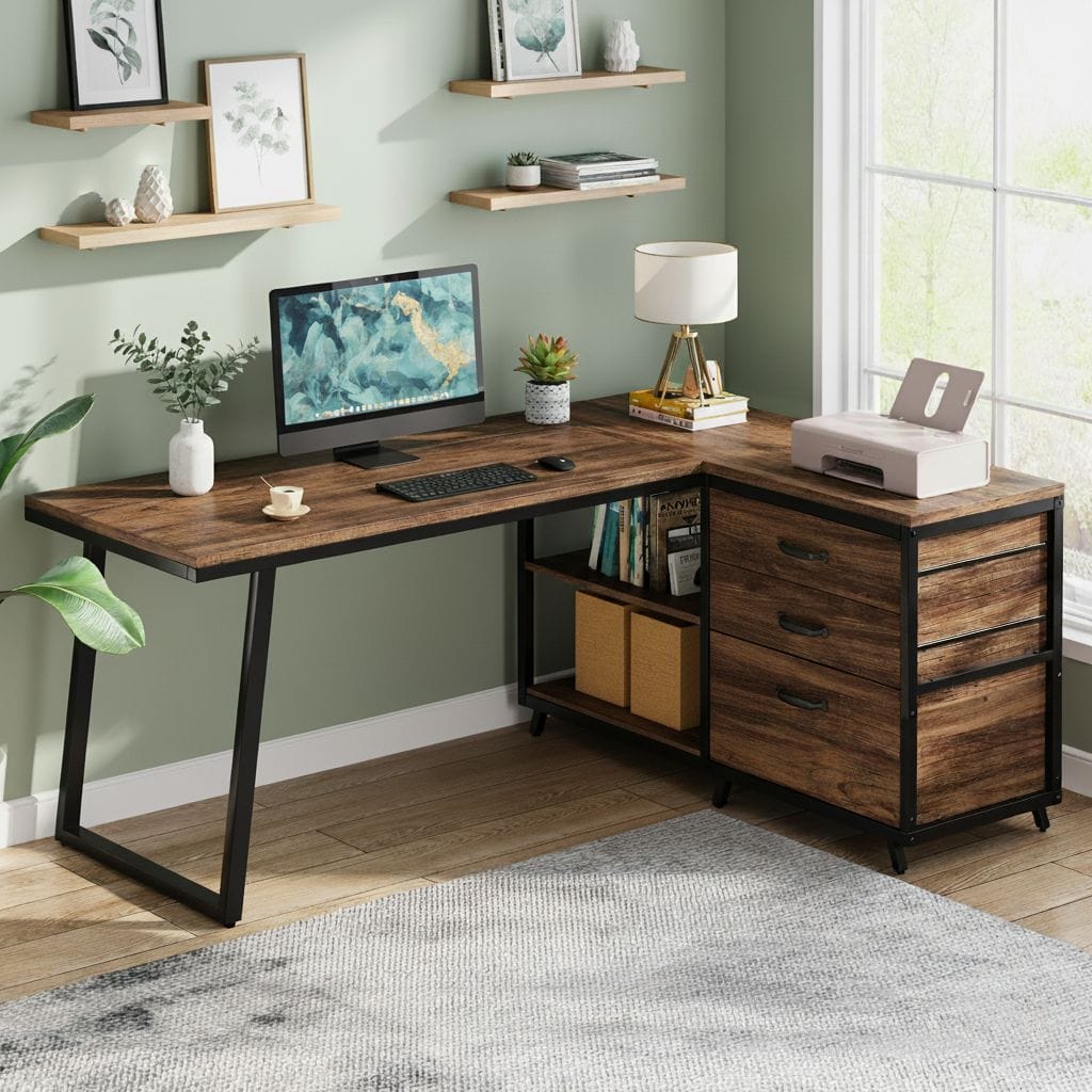 Bureau d'Angle en L avec 3 Tiroirs et Étagères - Station de Travail Industrielle 135 cm