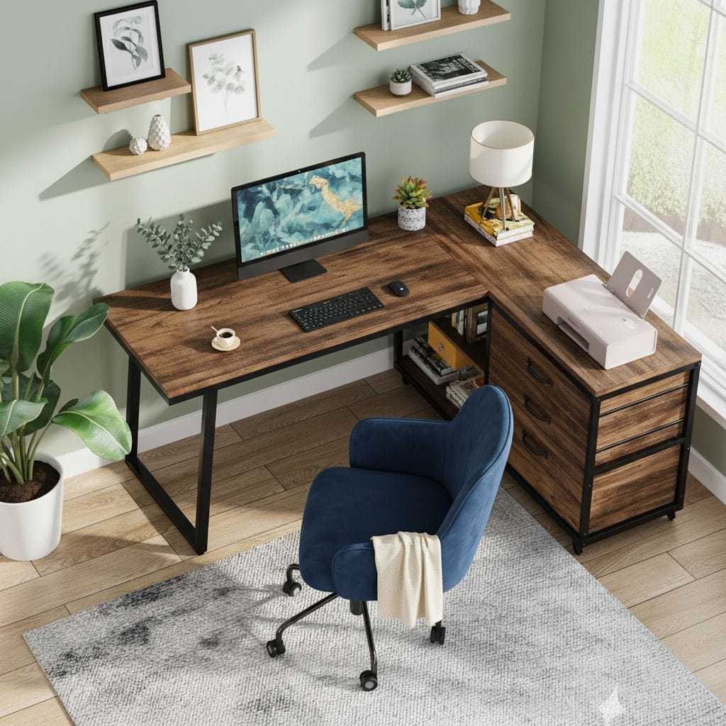 Bureau d'Angle en L avec 3 Tiroirs et Étagères - Station de Travail Industrielle 135 cm