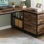 Bureau d'Angle en L avec 3 Tiroirs et Étagères - Station de Travail Industrielle 135 cm