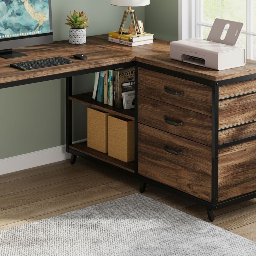 Bureau d'Angle en L avec 3 Tiroirs et Étagères - Station de Travail Industrielle 135 cm